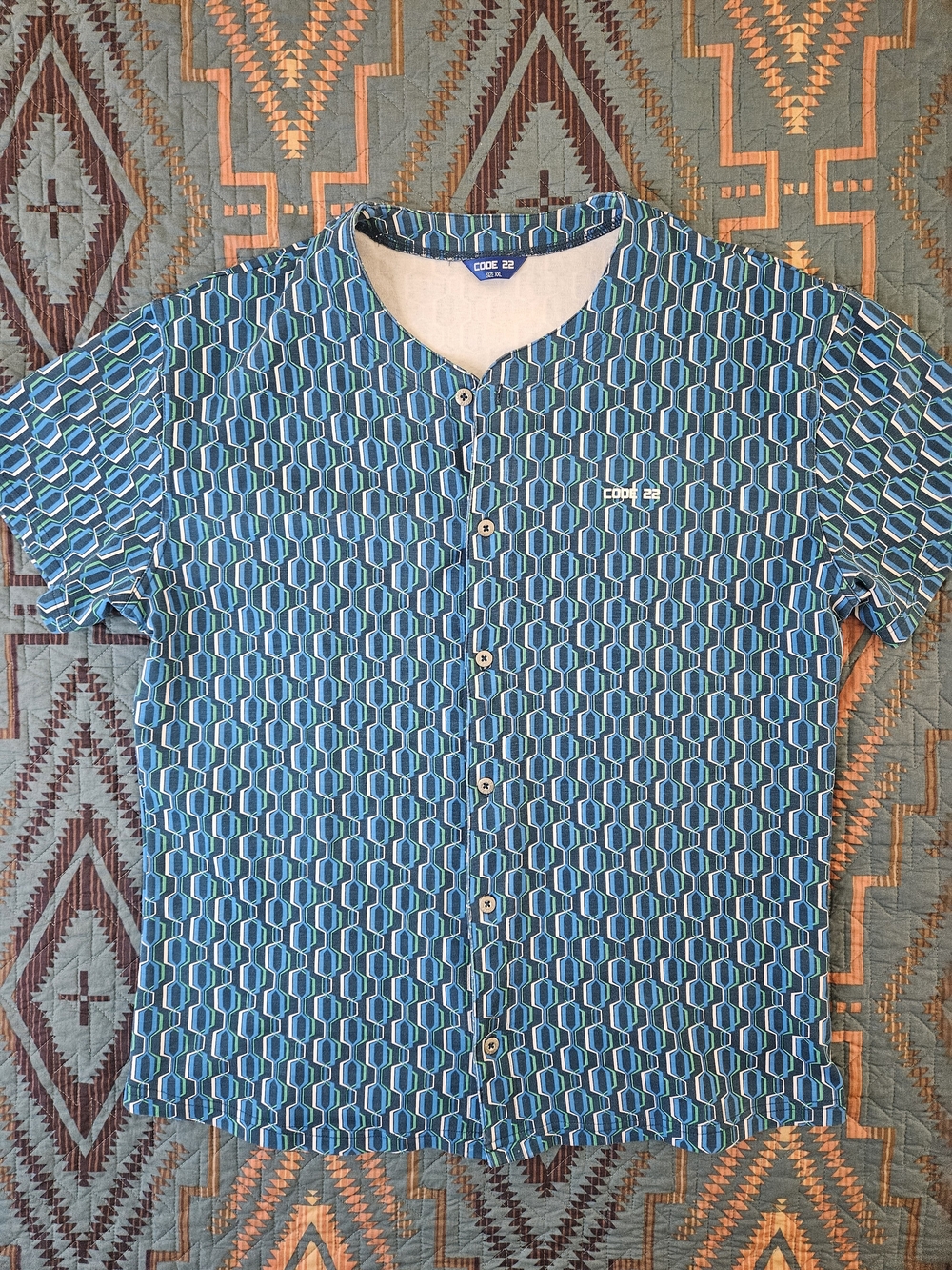 Blue Geometric Short-Sleeve Button Shirt